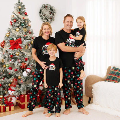 IFFEI Christmas Pajamas for Family Letter Print Matching Holiday PJ's Sets with Short Sleeve Tee and Pants Loungewear Men M Black Red