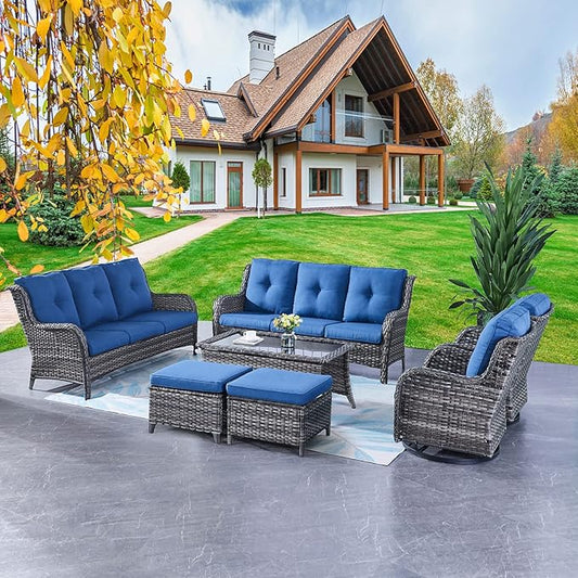 Rilyson Wicker Patio Furniture Set - 7 Piece Rattan Outdoor Sectional Conversation Sets with 2 Rocking Swivel Chairs,2 Ottomans,2 Sofa and 1 Coffee Table for Porch Deck Garden(Mixed Grey/Blue)