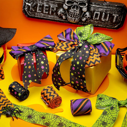 4 Rolls 20 Yards Halloween Wired Edge Ribbon Spider Web Printed Grosgrain Ribbons Halloween Theme Holiday DIY Craft Wrapping Ribbon for Home Party Decor
