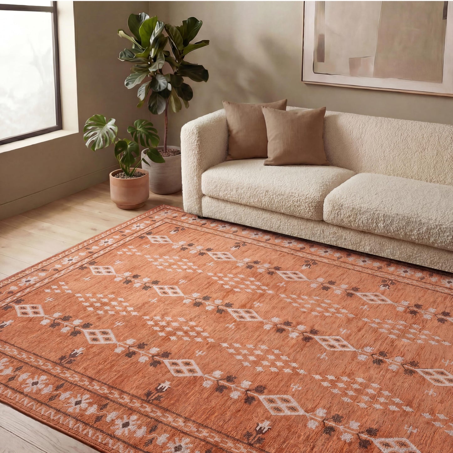 Revival Rugs Garland 7'x9' Washable Area Rug for Living Room Bedroom Dining Room - Oeko-TEX Certified, Peach