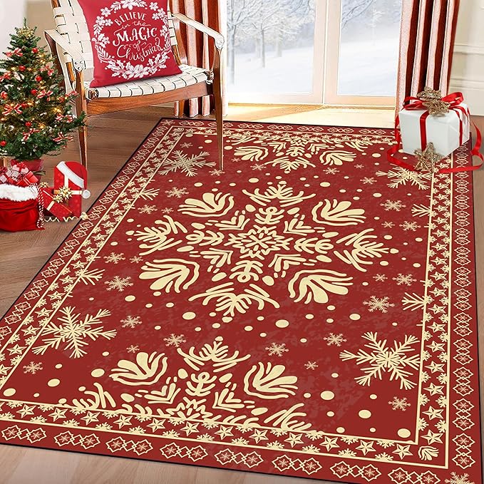 4' X 6' Christmas Rug Snowflake Area Rugs for Living Room Bedroom Indoor Entryway Laundry Nursery Dorm Xmas Carpet for Kids Girls Women Floor Mat Pad Doormat Vintage