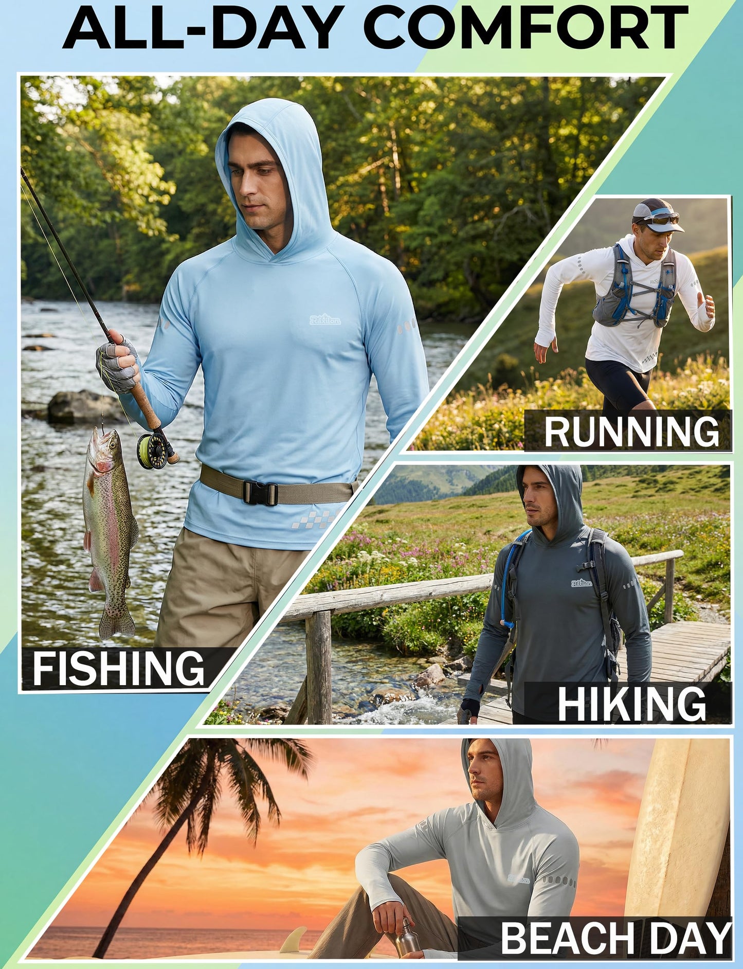 Raxilon 3 Pack UPF 50+ Sun Protection Mens Hoodie Long Sleeve SPF Fishing Shirt Swim Rash Guard Athletic Workout Tops