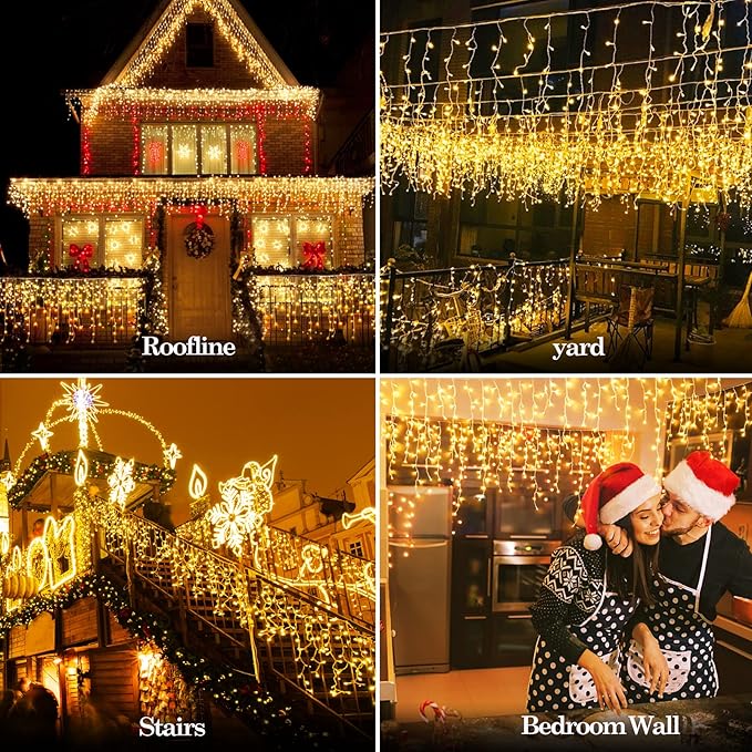 131 FT 1280 LED Christmas Lights Outdoor Decorations Super Long Clear Wire String Lights Plug in 240 Drops 8 Modes Memory Timer Curtain Fairy Lights Waterproof for Holiday Wedding Party-Warm White