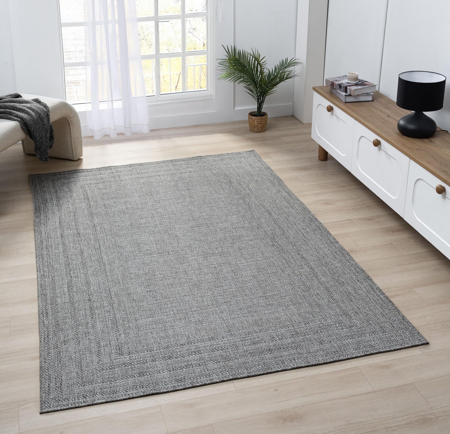 RUGGERRUGS Berry Easy Jute Indoor Outdoor Rug, 5x7 Neutral Bordered Jute Look, Weather Resistant, Easy Care, Lightweight Outdoor Farmhouse Carpet for Patio, Porch, Living Room (5' x 7', Gray)