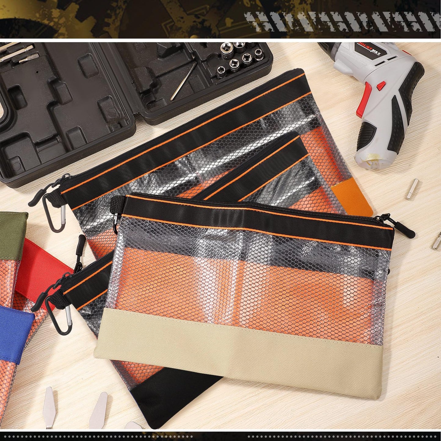 BESARME 6 Pcs 11.8" Clear Tool Pouch Tool pouch Bags Zipper tool pouch with Heavy Duty Mesh Window
