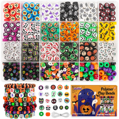 Gionlion 700 Pcs Halloween Polymer Clay Beads Bracelet Making Kit, Pumpkins Skulls Ghosts Spiders Bats Pony Letter Beads for Halloween Party Favors, Toys Gifts for 4+ Year Old Kids