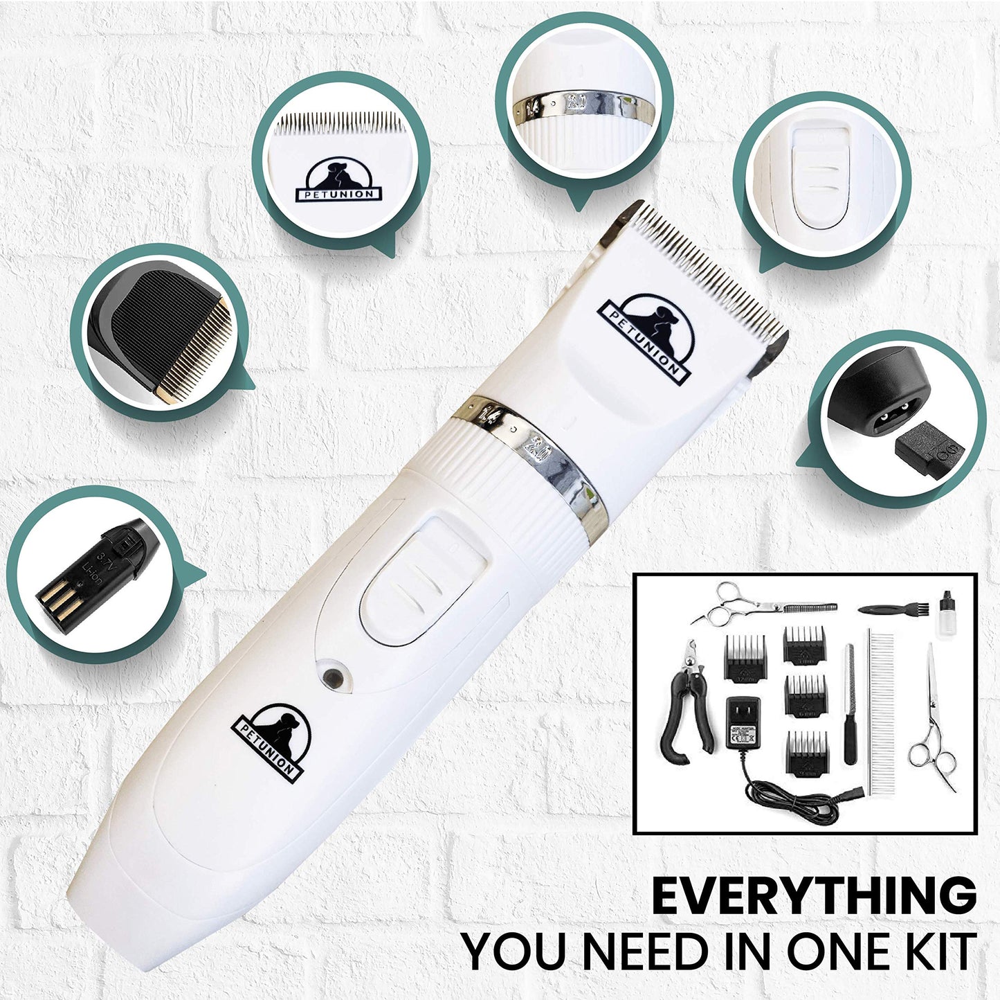 Pet Union Professional Dog Grooming Kit - Rechargeable, Cordless Pet Grooming Clippers & Complete Set of Dog Grooming Tools. Low Noise & Suitable for Dogs, Cats and Other Pets (White)