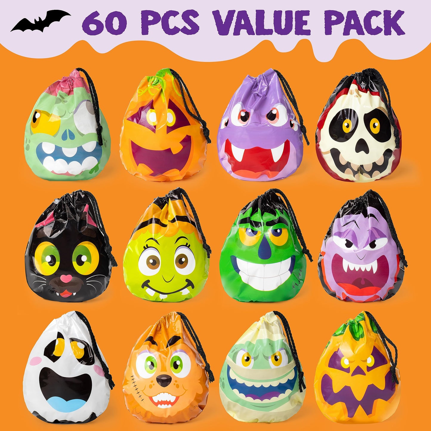 JOYIN 60PCS Halloween Drawstring Treat Bags, Trick or Treating Goodie Candy Small Plastic Gifts Bags Bulk in 12 Cute Monster Designs, Kids Halloween Party Favors Supplies