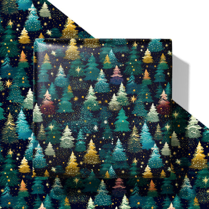 SaringSwoon Christmas Tree Wrapping Paper for Kids Adults - Xmas Wrapping Paper with Starry Night Sky, Christmas Trees and Stars Designs for Winter Holiday - 40×28 Inches, 4 Folded Sheets