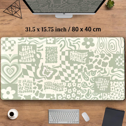 DCJJM Boho Aesthetic Desk Mat Beige Retro Hippie Boho XXL Large Extended Gaming Green Sage Mouse Pad Women Gamer Girl Work Office Computer Deskmat Mousepad Laptop Keyboard Mat Desk Pad 31.5x15.75 in