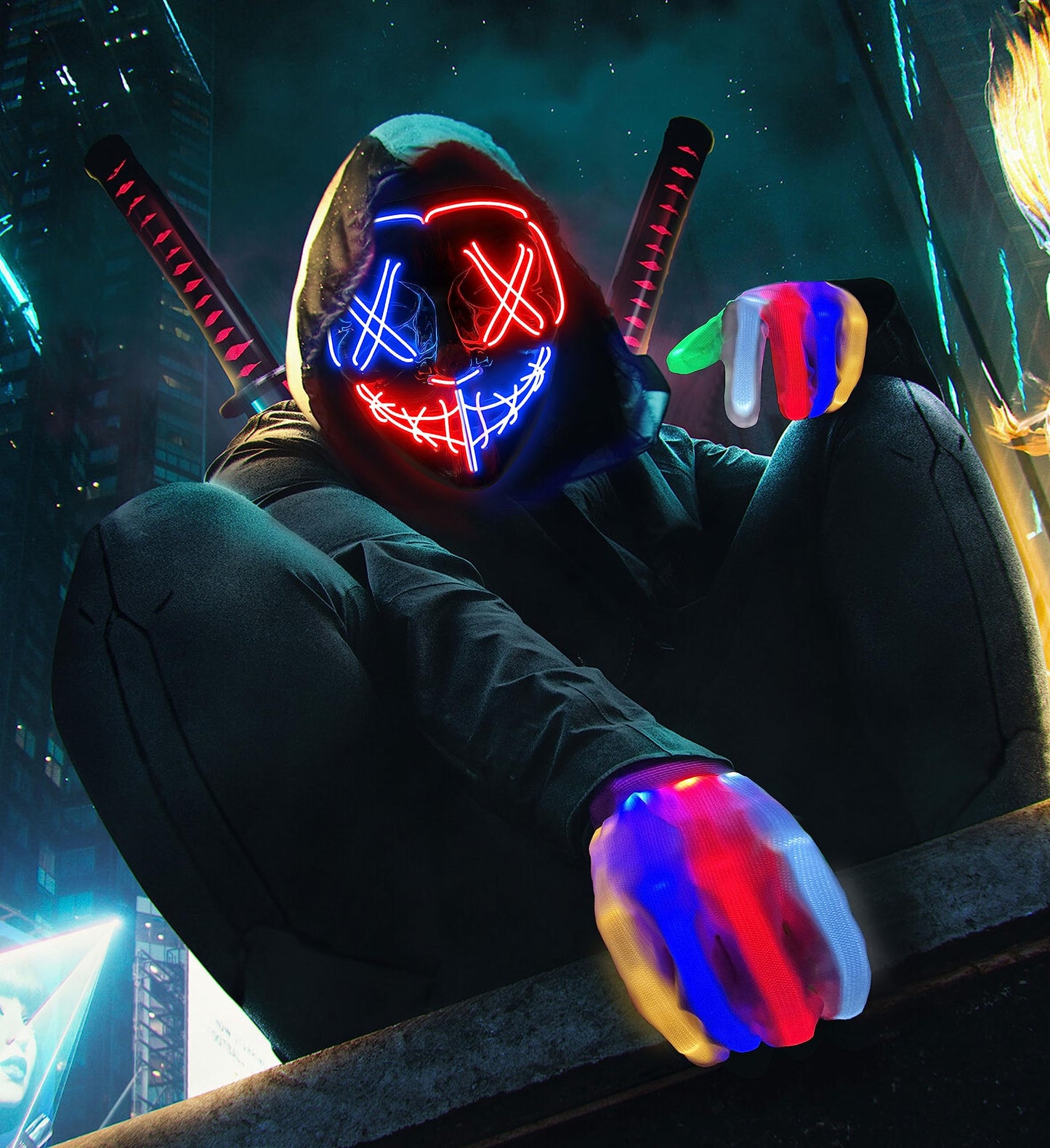 Halloween Mask Skeleton Gloves Set, Halloween Costumes Gifts for Men Women Boys Girls, 3 Modes Light Up Scary LED Mask with LED Glow Gloves, Halloween Decorations Scary Scream Anonymous Masks