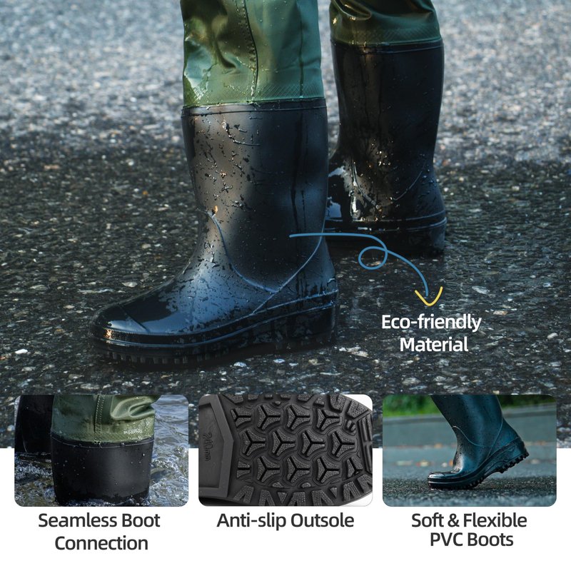 wasserflux Kids Chest Waders with Boots – Waterproof PVC Youth Waders with Reflective Strips & Reinforced Knees, Lightweight Fishing Waders, Green 8/9T
