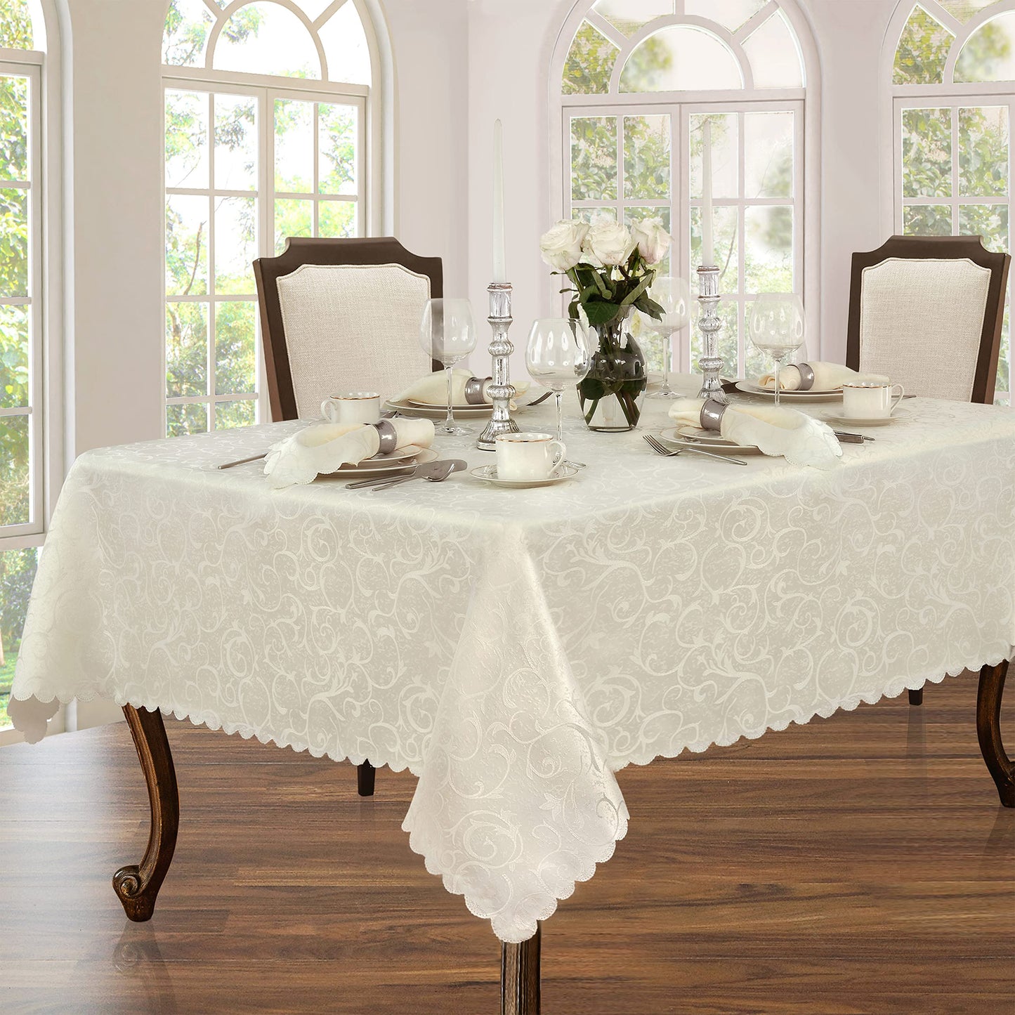 Newbridge Christmas Holiday Portofino Scalloped Damask Fabric Tablecloth, 60 x 144 Inch Rectangle, Ivory, Wrinkle and Stain Resistant Fine Dining Holiday Party Table Cover