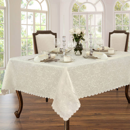 Newbridge Christmas Holiday Portofino Scalloped Damask Fabric Tablecloth, 60 x 144 Inch Rectangle, Ivory, Wrinkle and Stain Resistant Fine Dining Holiday Party Table Cover