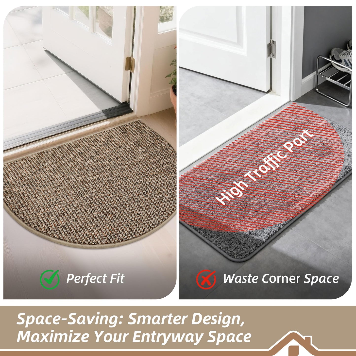 BEQHAUSE Dirt Trapper Door Mat 24" x 36" Half Circle Non-Slip Washable Doormats Entrance Rugs Absorbent Welcome Low Profile Floor Mats for Front Back Door and Entryway, Taupe