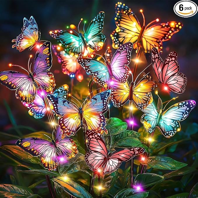 Solar Lights Outdoor Garden Decor: Gardening Gifts for Women Mom - 6 Pack 102 Butterfly Solar Lights with Colorful Bulbs - Outside Waterproof Christmas Decorations for Yard Patio Pathway Porch Lawn
