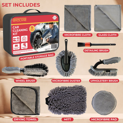 GADLANE 9 Piece Car Cleaning Kit With Storage Bag Includes Upholstery Brush, Detailing Brush, Microfibre Pad, Microfibre Cloth, Wheel Brush, Drying Towel, Glass Cloth, Mitt, Microfibre Duster