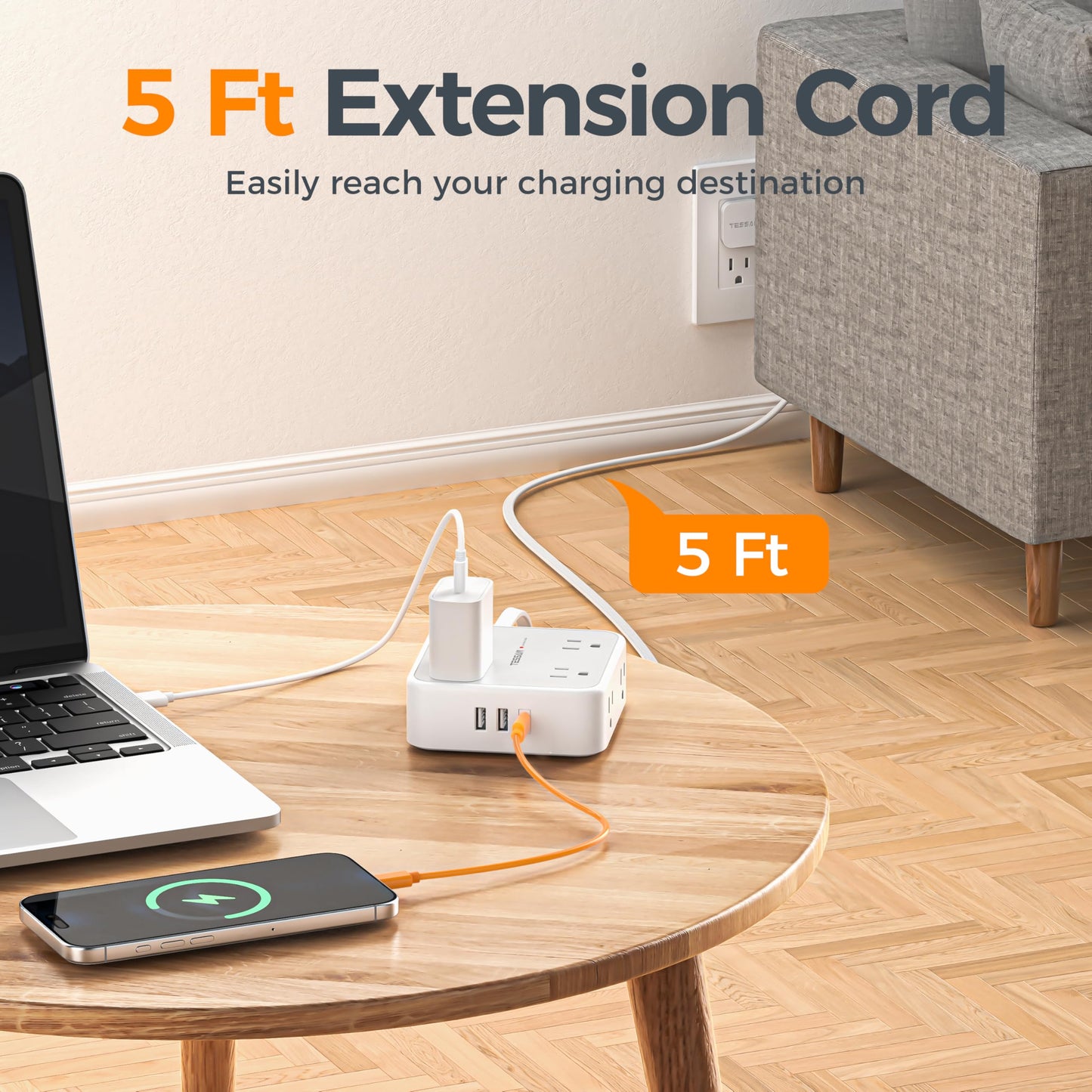TESSAN Surge Protector Power Strip, 5 Ft Flat Plug Extension Cord with 3 USB (1 USB C) 8 Outlets, 900J Surge Protection, 3 Sided Outlet Extender with Power Switch for Office, Dorm Room Essentials