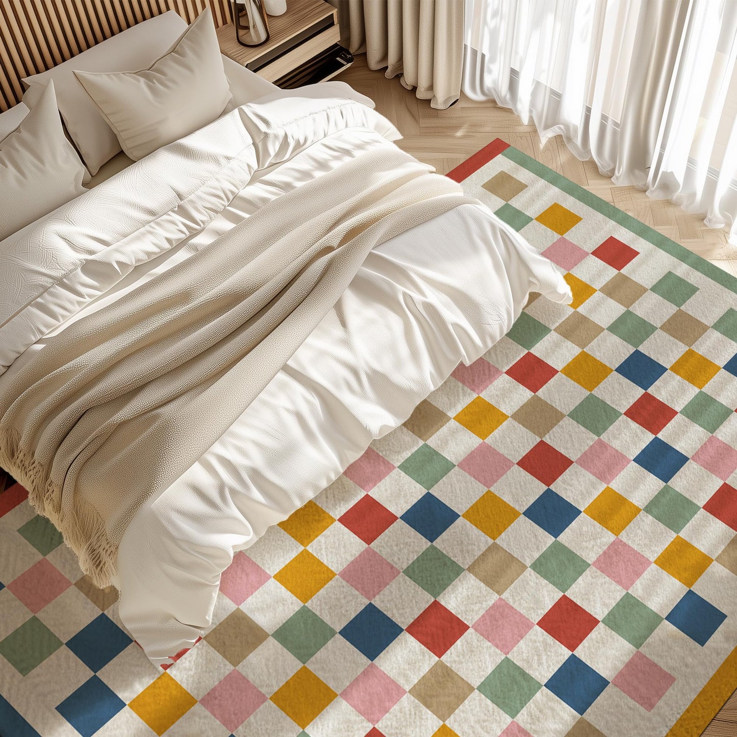 Washable 5x7 Checkered Area Rug for Living Room, Colorful Rainbow Checkerboard Modern Large Rugs, Faux Wool Low Pile Lightweight Indoor Carpet with Non-Slip Backing for Bedroom Kids Nursery Play Room