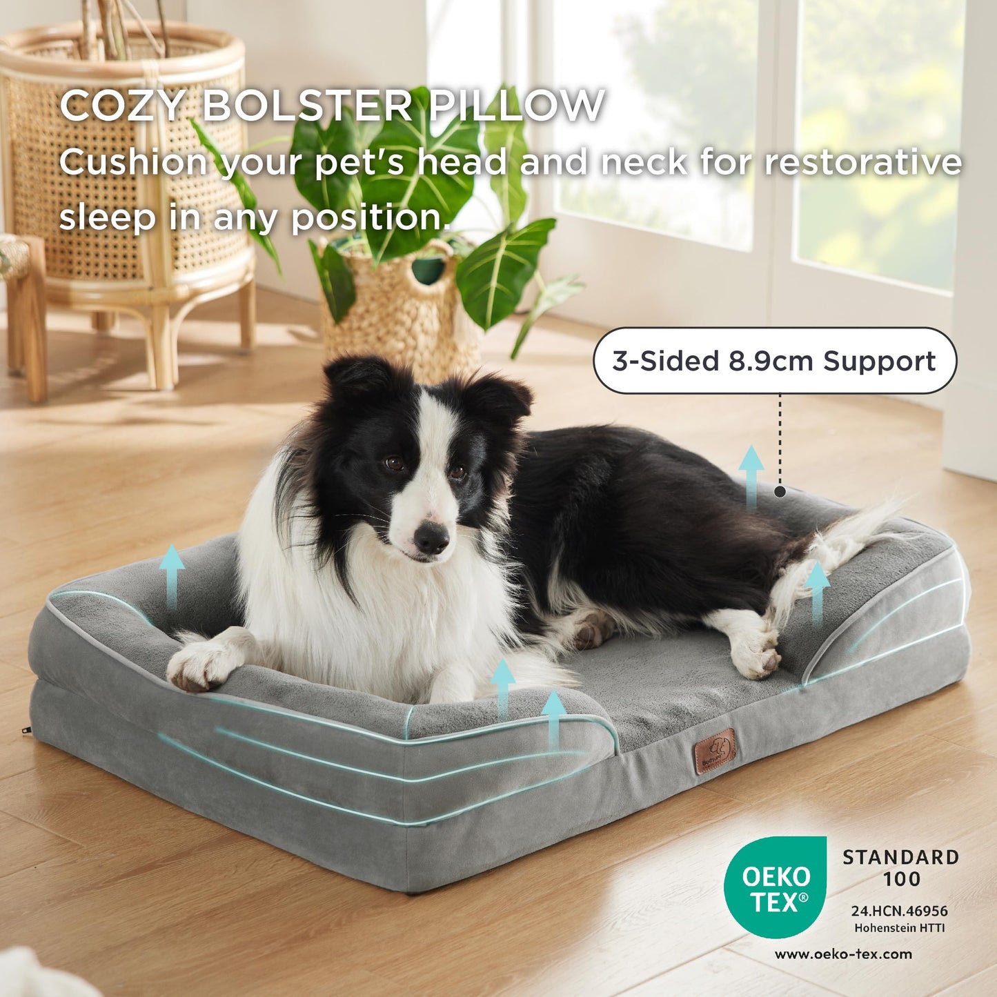 Bedsure Large Dog Bed Sofa - Washable Orthopedic Dog Beds and Couch with Removable Flannel Cover, Waterproof Dog Pillow with U-Shape Bolster, Grey Squre Pet Bed, 89x63x16cm