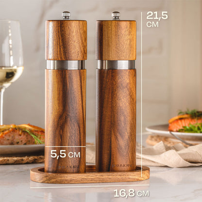 Salt and Pepper Mill Set with Tray - Made from FSC® Acacia Wood - Durable Ceramic Grinder - Plastic-Free