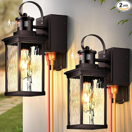 Oil-Rubbed Bronze Motion Sensor Exterior Lighting Fixtures for House with GFCI Outlet, Farmhouse Outdoor Porch Lights Wall Mount with Tempered Water-Ripple Glass, Outside Sconces for Garage