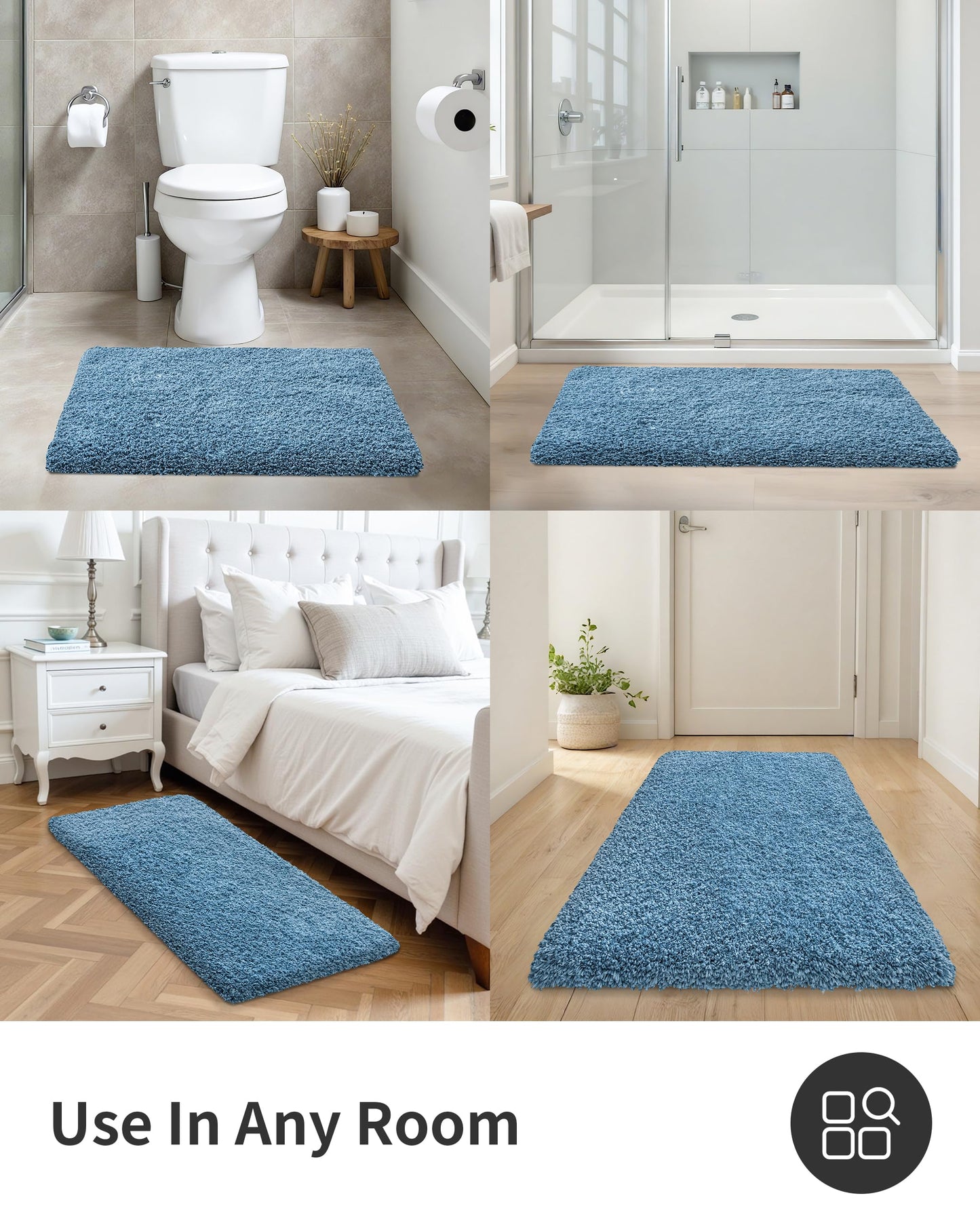 ILANGO Blue Bathroom Rugs 24" × 17" Small Non Slip & Super Absorbent Extra Thick Soft, Washable Bath Mat for Floor, Microfiber Plush Shaggy Bath Rug with Rubber for Bathtub Shower Room Sink