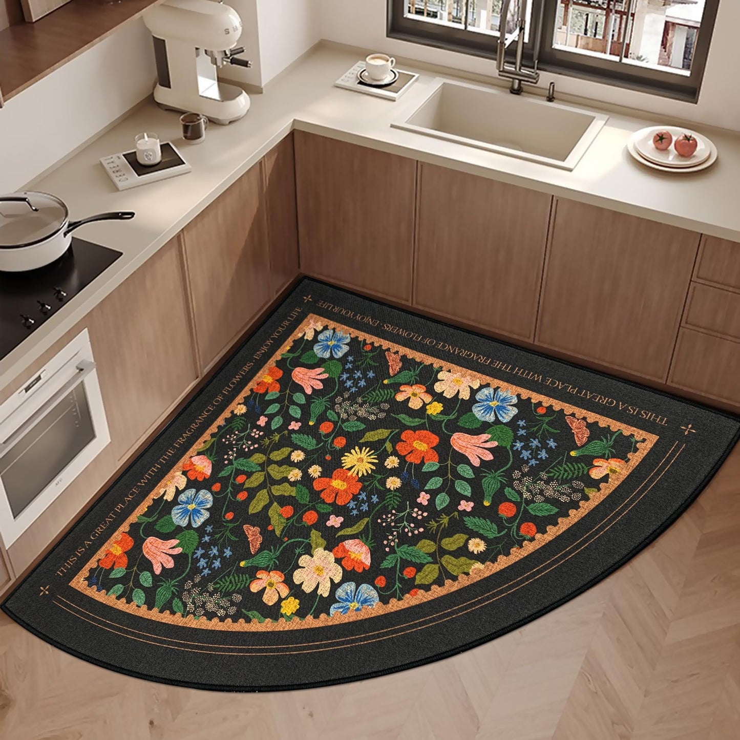 SHIYUE Triangle Corner Rug Kitchen Rugs Washable Non Slip Area Rug Water, Comfort Soft Rubber Standing Sink Mat Bathroom and Bedroom Laundry Mat(32in Flower Park)
