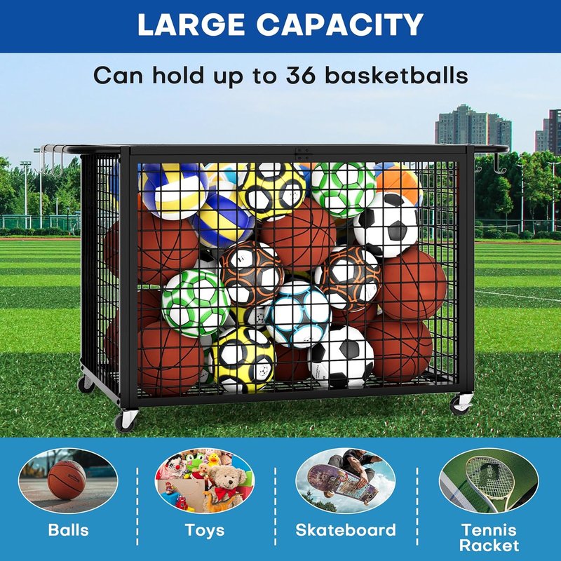 Extra Large Ball Cart Storage - Rolling Design with Lockable Wheels for Easy Transport