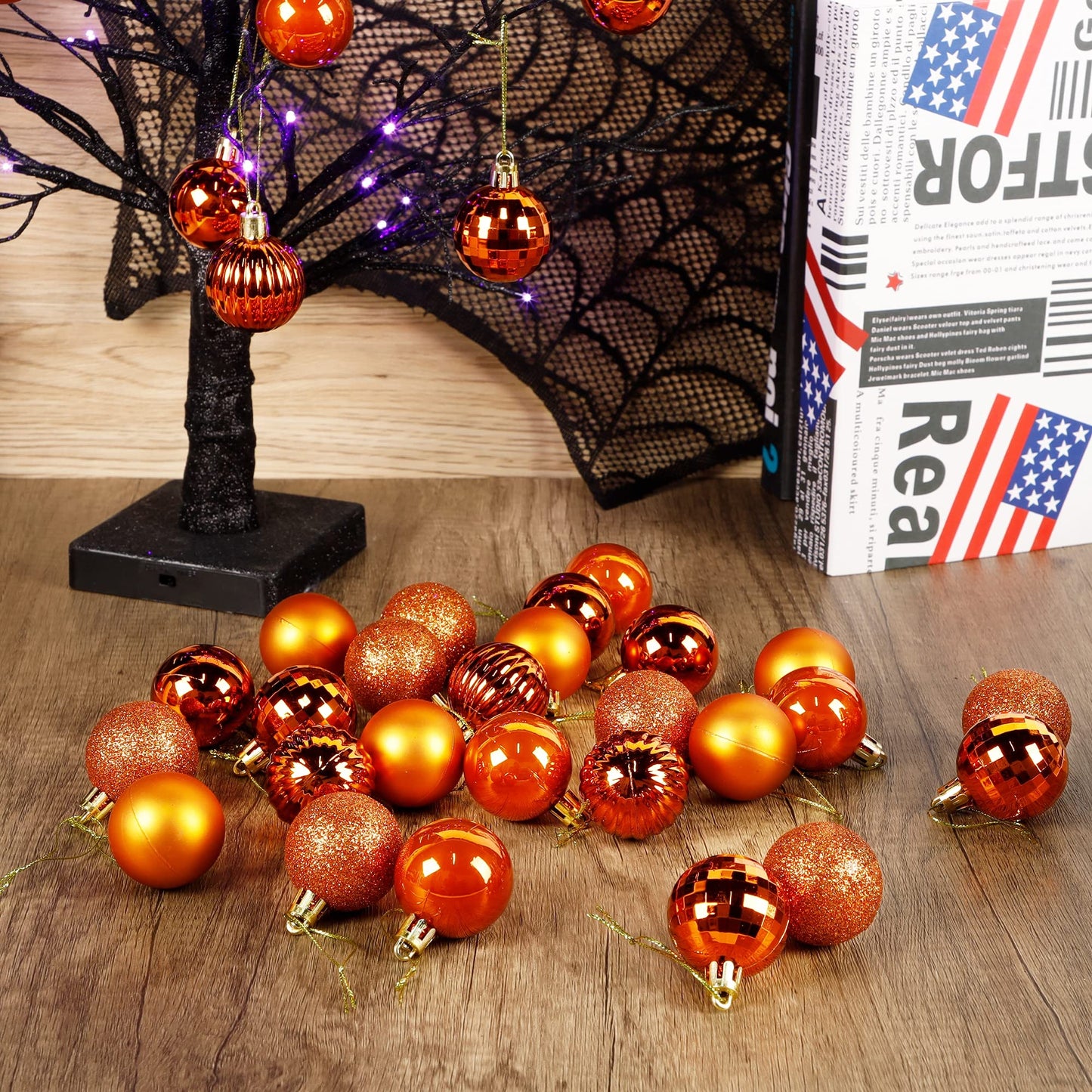 Lulu Home Halloween Ball Ornaments, 34 Ct 1.57" Pre-Strung Hanging Ornament Decorations, Shatterproof Plastic Balls for Holiday Party Wreath Garlands Trees, Orange
