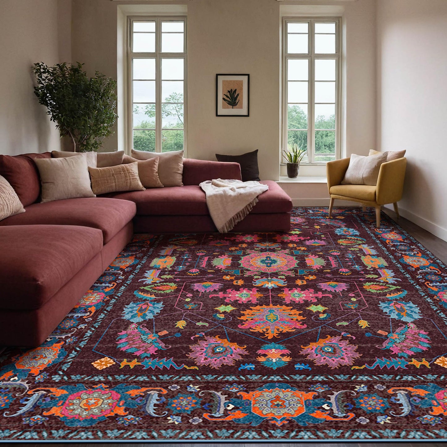 Kokia 9x12 Area Rug, Burgundy/Fuchsia/Orange Soda, Rectangular, Low Pile, Machine Made, Floral, Non-Slip, Washable, Stain-Resistant, Indoor, Home/Area Rugs