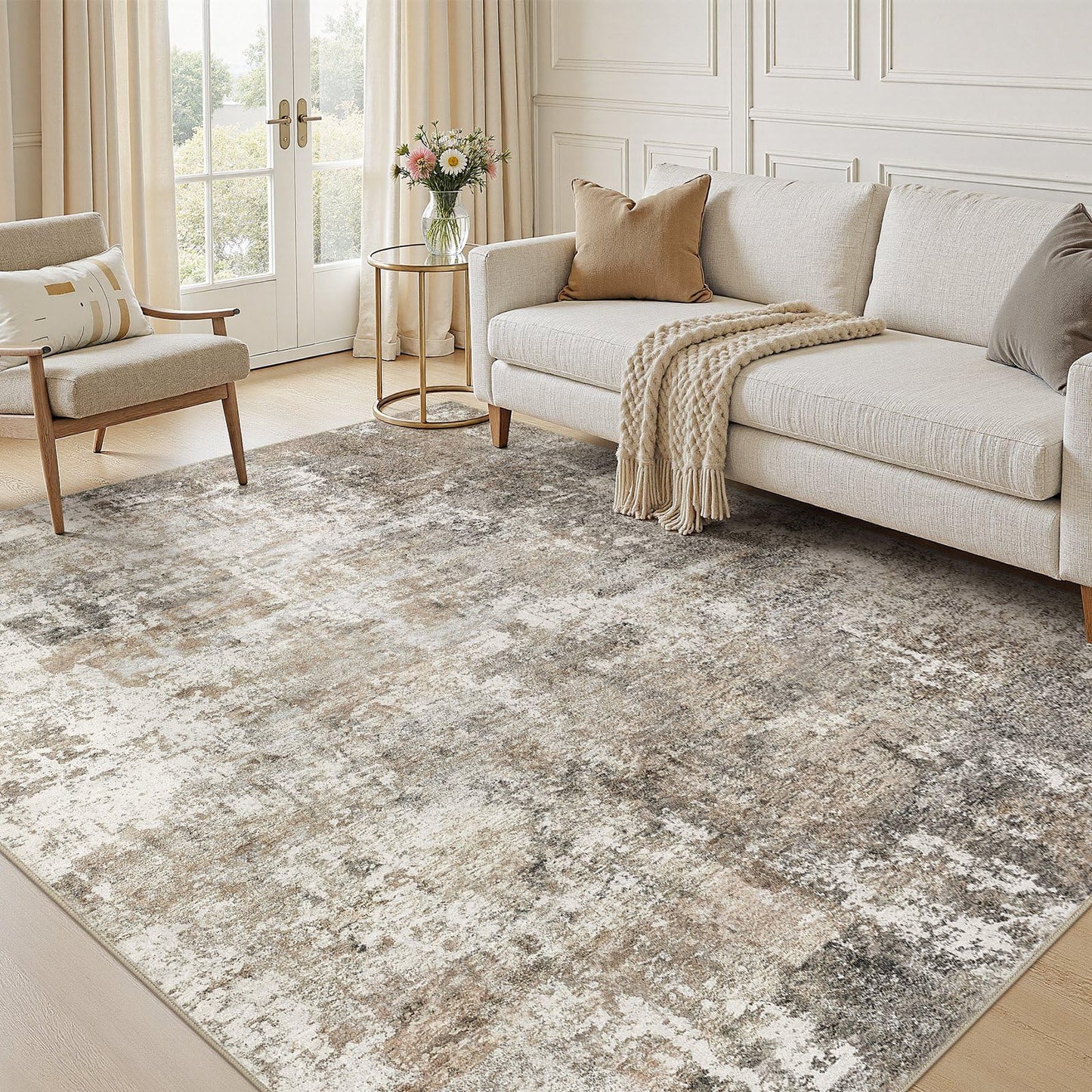 Jessibou Area Rugs 5x7 Living Room: Washable Large Abstract Modern Neutral Rugs Soft Non Slip Stain Resistant Low Pile Carpet for Bedroom Dining Nursery Home Office Room Home Decor - Brown Grey