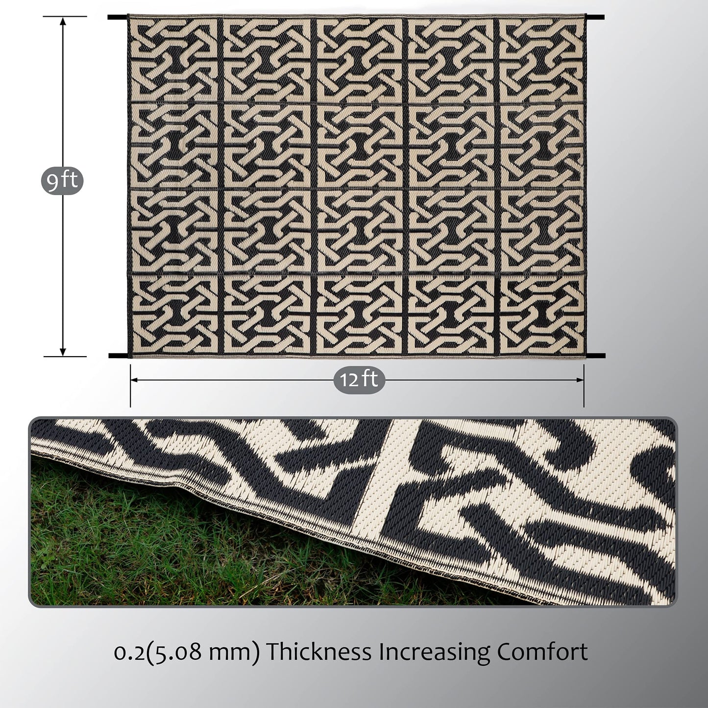 SAND MINE Reversible Mats, Plastic Straw Rug, Modern Area Rug, Large Floor Mat and Rug for Outdoors, RV, Patio, Backyard, Deck, Picnic, Beach, Camping, Trailer, Black & Beige, 9' x 12'