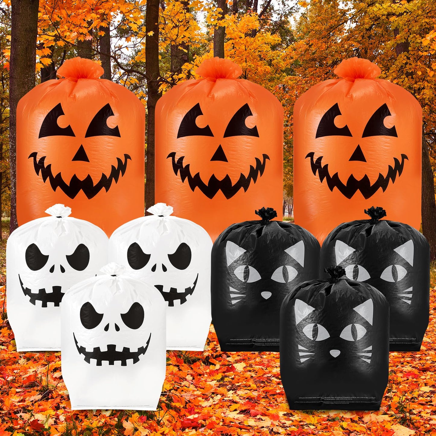Guheake 9 Pcs Halloween Pumpkin Leaf Bags - Halloween Leaf Lawn Bags with Twist Ties, Plastic Jack-o-lantern Pumpkin Lawn Bag Thanksgiving Fall Leaf Trash Bags for Yard Lawn Garden Decorations Outdoor