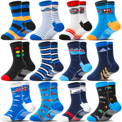 Welwoos Baby Boys Toddlers Grips Socks Non Slip Anti Skid Funny Cartoon Cosy Crew Cotton Gifts Socks 12 Pairs Stocking Fillers(Mix Blue Styles,3-5 T)