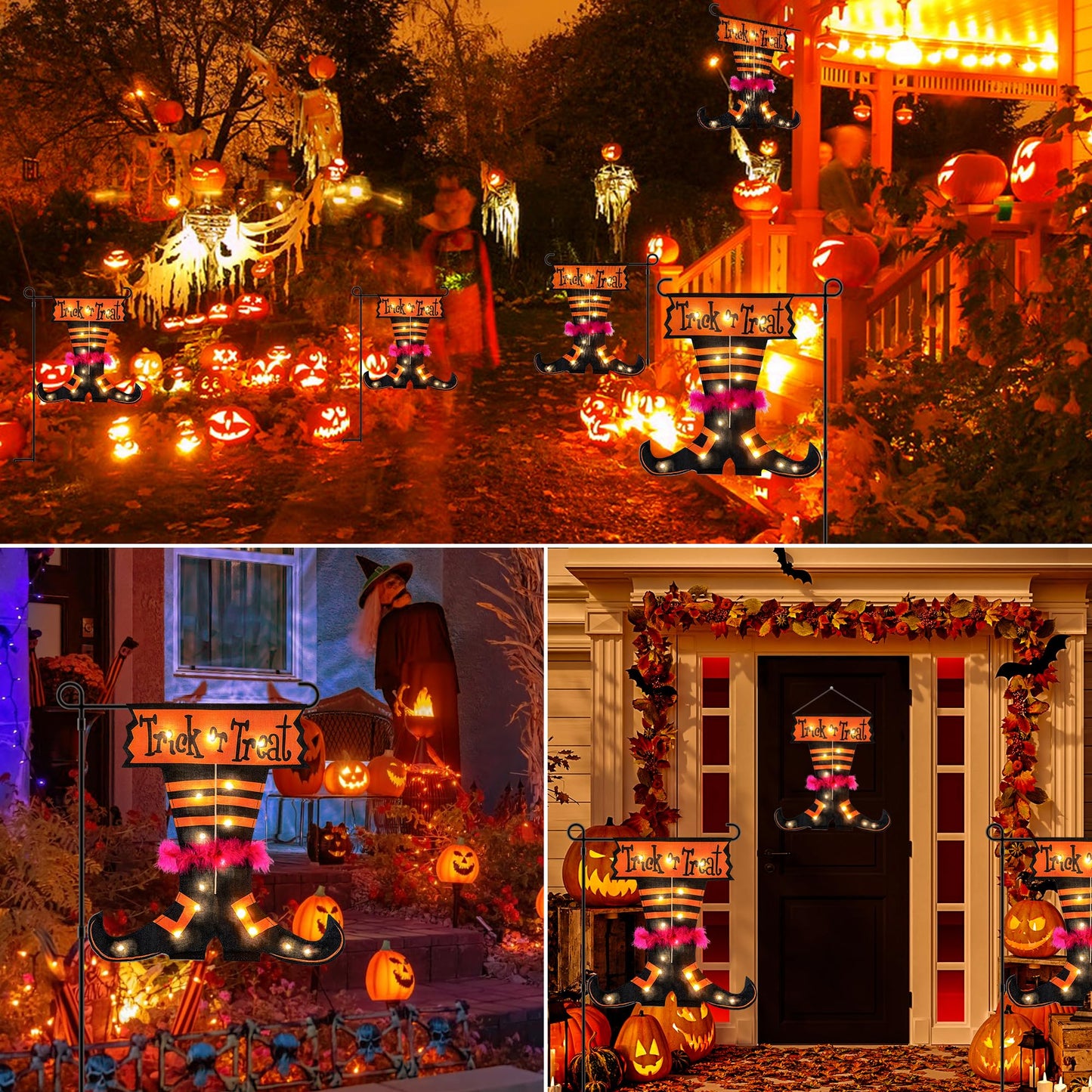 Qunlight Halloween Trick Or Treat Graden Flag lights without flag pole, Double Sided Witch Feet Flag Banner 17.1*17.2Inch ,16 Warm White LED with 8modes Solar Panel, Decorations for Outdoor,Yard ,Home