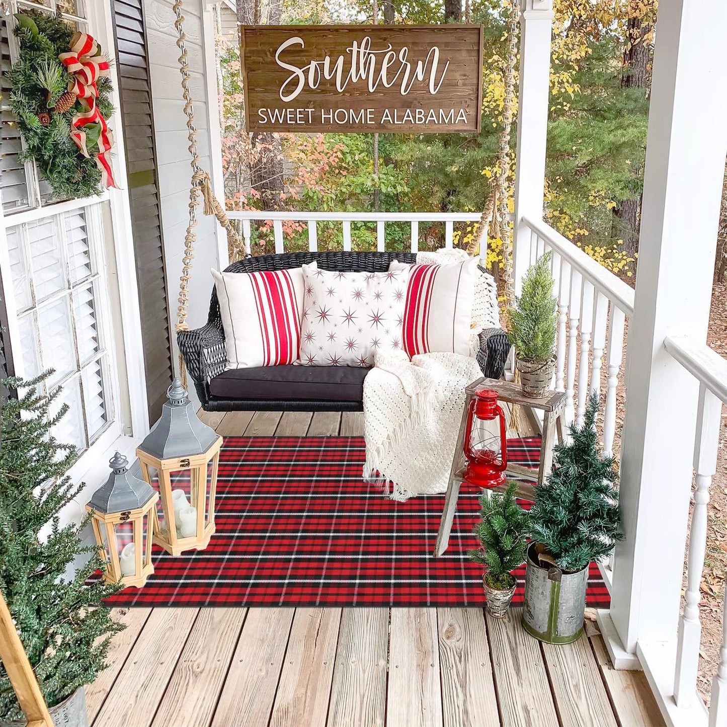 Christmas Rugs Red and Black Plaid, 8'x10' Area Rug Outdoor Indoor Front Porch Doormat Cotton Hand-Woven Layered Door Mats for Entryway Patio Entryway Laundry Bedroom Living Room