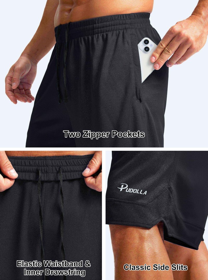 Pudolla Men's Basketball Shorts with Zipper Pockets 11" Long Gym Athletic Shorts for Men Lightweight Quick Dry(Black Medium)