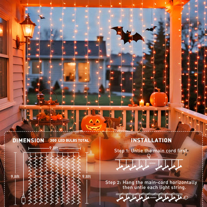 JMEXSUSS 300LED Orange Halloween Lights with Remote, 9.8x9.8ft Halloween Curtain Light, 8 Modes Orange Hanging String Lights Plug in for Fall Bedroom Thanksgiving Window Party Indoor Outdoor Decor