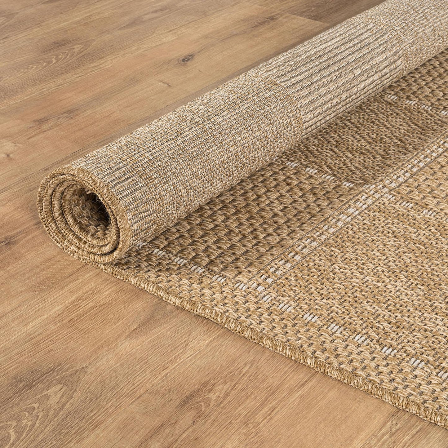 Beverly Rug Easy Jute Checkered Squared Rug 6x9 Washable Durable Indoor Outdoor Area Rugs for Living Dining Room Patio Office Stain Resistant Non Shedding Casual Indoor Outside Carpet 6 x 9 Natural