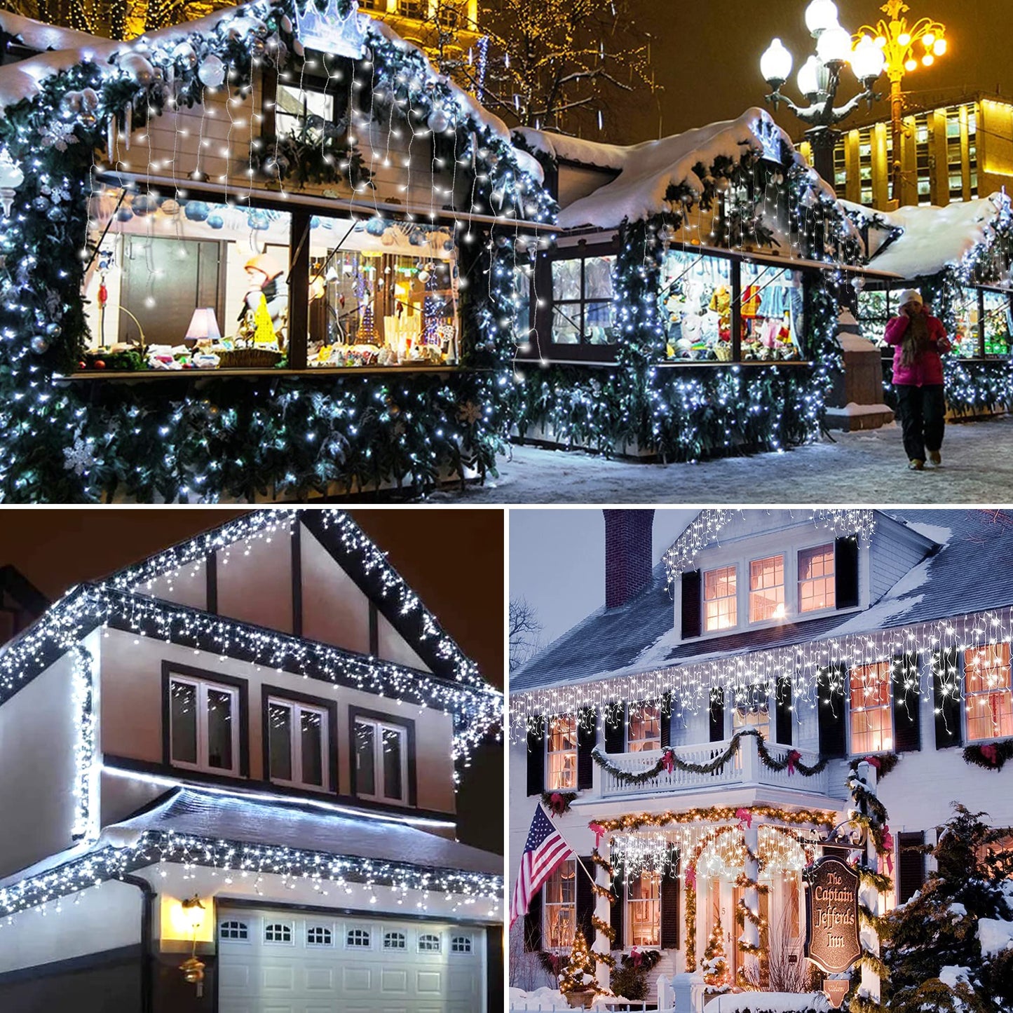 mimigogo 300 LED Solar Icicle Lights Outdoor with Remote Control, 33ft 8 Modes Curtain String Lights with 50 Drops, Christmas Holiday Wedding Party Decorations, White