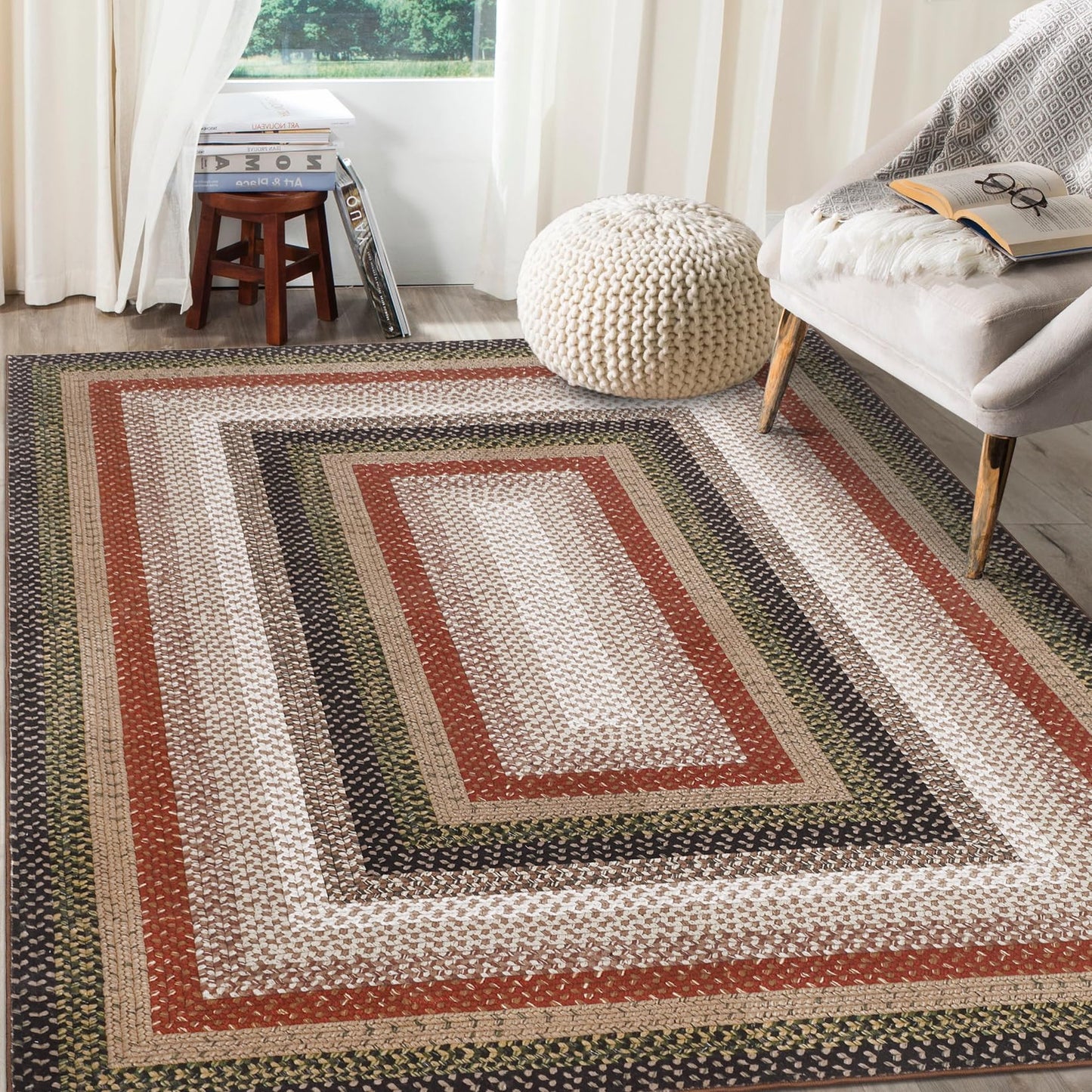 RUGSREAL 5x7 Bedroom Rug Machine Washable Living Room Area Rug Modern Braid Printed Throw Carpet for Dining Room Non Slip Large Entryway Rug Farmhouse Carpet for Home Decor, Crimson/Earthy