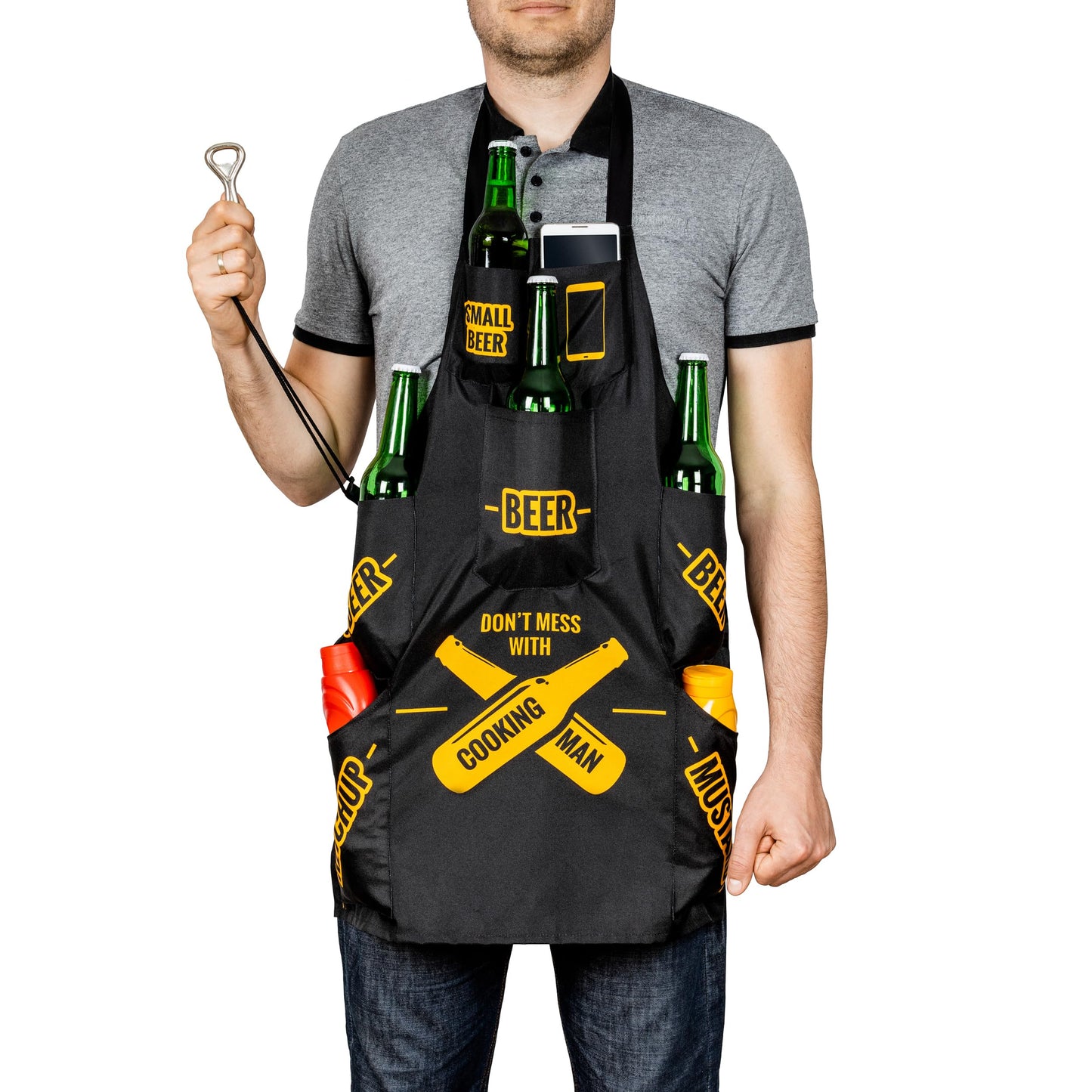 Froster Man Cooking Apron, BBQ Apron with 7 Pockets, including 4 beer pockets, Kitchen Apron for Men