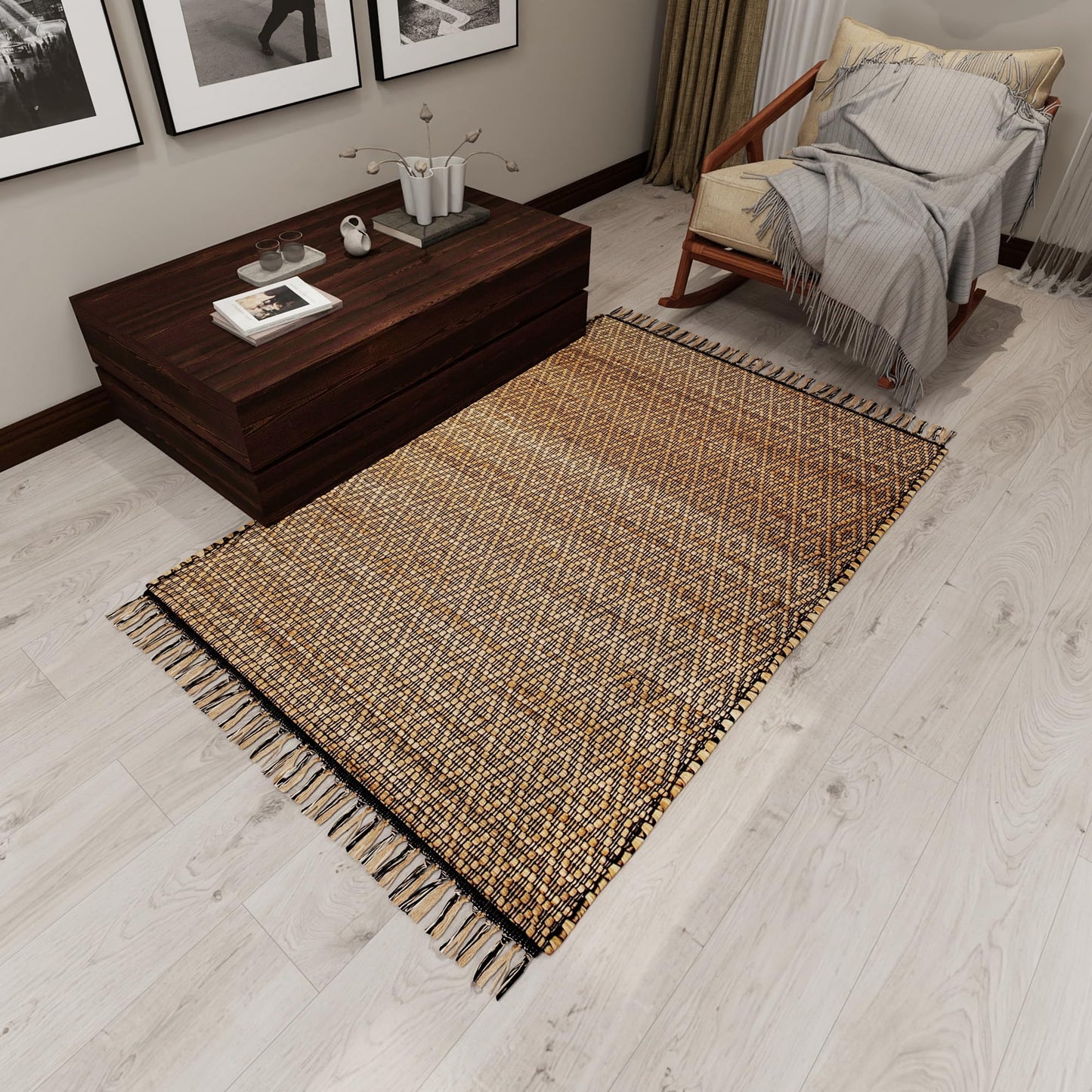 Eco Crave Handmade Jute Area Rug 3x5 ft – Brown & Black Diamond Pattern Natural Hand-Woven Low Pile Non-Slip High Traffic Area Floor Rug for Indoor Outdoor, Farmhouse Boho Area Rug, 36x60 Inches