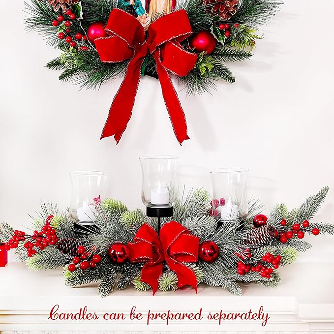 MOONET Red Christmas Table Centerpiece, Cedar with 3 Candlestick Glass Cup, Red Berry, Christmas Balls for Holiday Party, Home, Fireplace