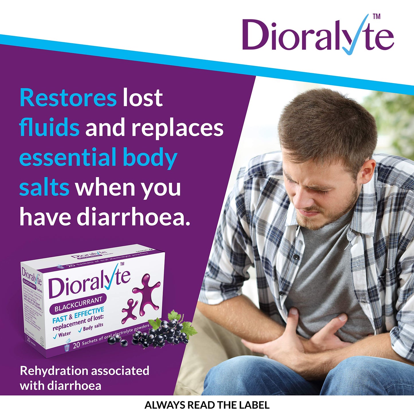 Dioralyte - Fast and Effective Supplement Treatment for Reducing Dehydration and Replacing Electrolytes (mineral salts) of Lost Body Water and Salts- Blackcurrant Flavour - 20 Sachets