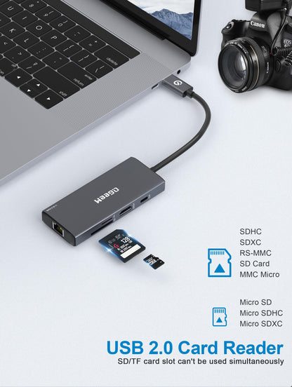 QGeeM USB C Hub Ethernet,9 in 1 USB Type C Hub HDMI Multi-Port Converter Adapter,100W Pd, USB 3.0,SD/TF Card Reader,Compatible for MacBook Pro Air Ipad HP Dell Lenovo Chromebook etc.