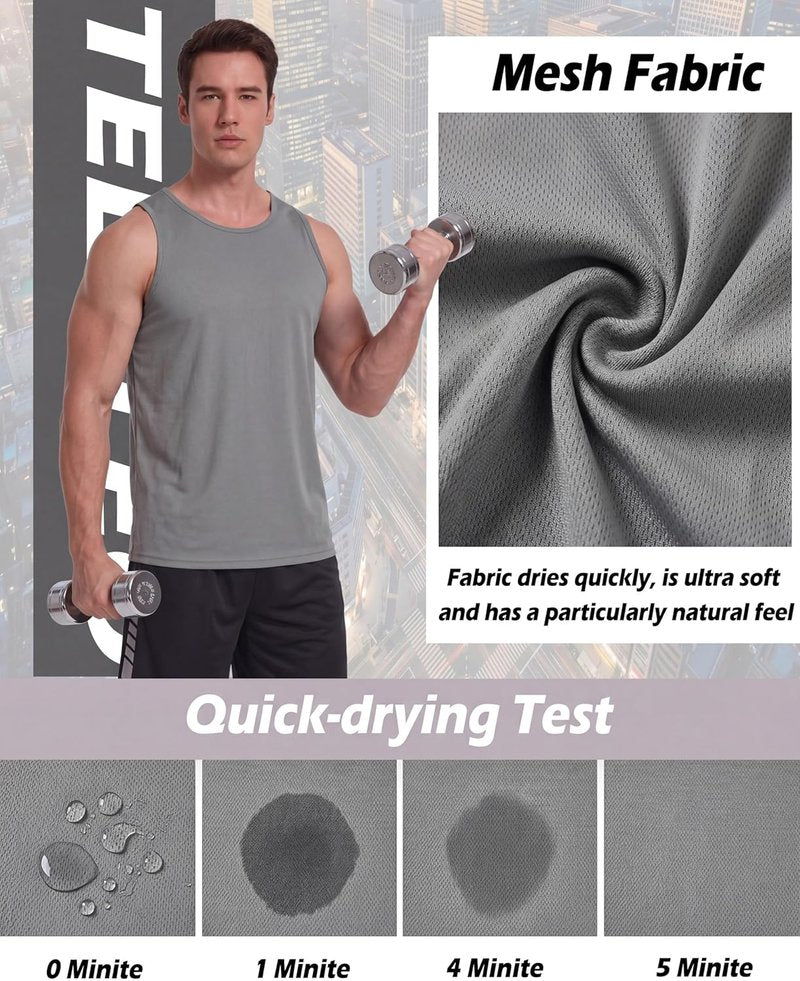 Men's Workout Tank Tops - 5 Pack Sleeveless Mesh Gym Shirts | Quick Dry, Black/Gray/Navy/Blue