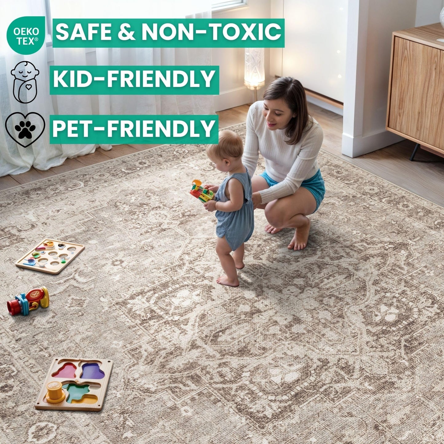 Bloom Rugs Washable Non-Slip 4' x 6' Rug - Beige/Gray Traditional Area Rug for Living Room, Bedroom, Dining Room, and Kitchen - Exact Size: 4' x 6'