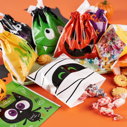JOYIN 108 PCS Halloween Drawstring Treat Bags with 9 Character Designs, Mini Halloween Goodie Candy Bags, Plastic Gift Bag Bulk for Kids Boys Girls Trick or Treating, Party Favor Supplies